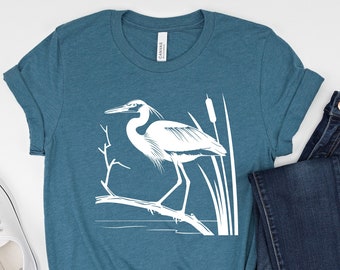 Heron Blossom Printed T-Shirt, Bird Shirt - Floral Apparel - Bohemian & Hippie Tee - Southern - Folk Art - Heron Themed Shirt - Bird Lover