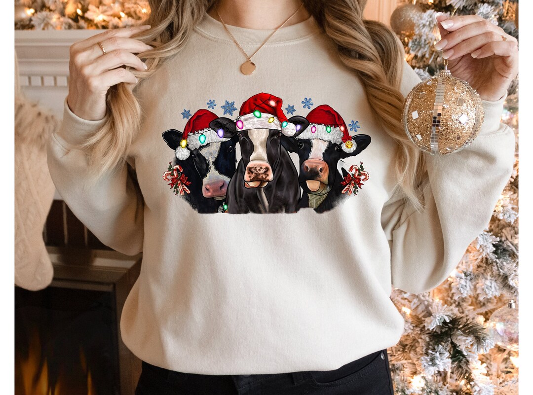 Cow Christmas Sweatshirt, Christmas Lights Ugly Christmas Sweater