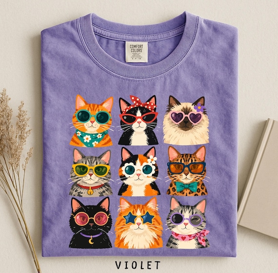 Comfort Colors Retro Cat Shirt, Cool Cats Sunglasses Tee, Groovy Cat Mom Gift, Funky 70s Kitty Graphic, Colorful Cat Lover Aesthetic Tee