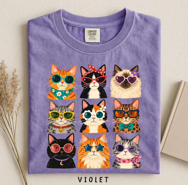 Comfort Colors Retro Cat Shirt, Cool Cats Sunglasses Tee, Groovy Cat Mom Gift, Funky 70s Kitty Graphic, Colorful Cat Lover Aesthetic Tee