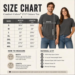 The image is a size chart for a 1717 unisex t-shirt, providing measurements and corresponding t-shirt designs for different sizes.