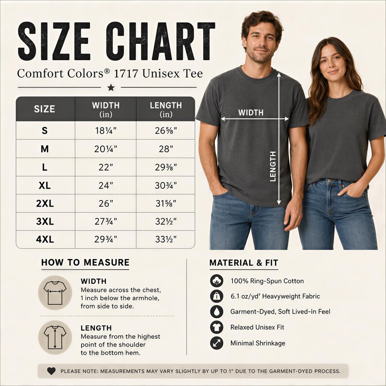 The image is a size chart for a 1717 unisex t-shirt, providing measurements and corresponding t-shirt designs for different sizes.