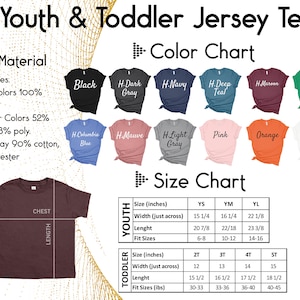 May include: A color chart and size guide for youth and toddler jersey tees. The color chart displays various shirt colors, including black, navy, pink, and orange. The size chart provides measurements in inches for youth and toddler sizes, including chest and length.