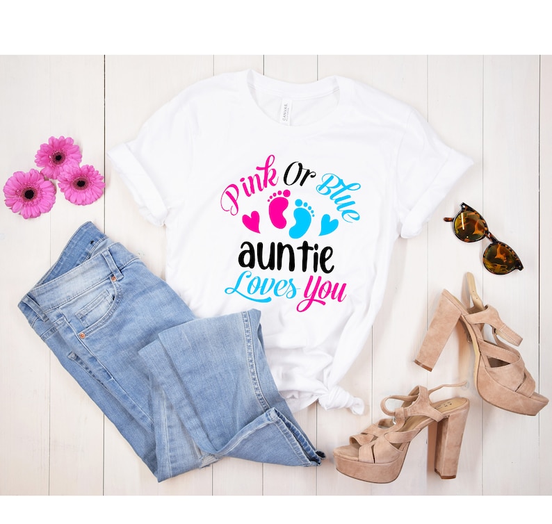Auntie Gender Reveal Shirts, Gender Reveal Party T-Shirt, Gender Reveal Shirt for Auntie, Team Boy, Team Girl, Pink or Blue Auntie Loves You image 2