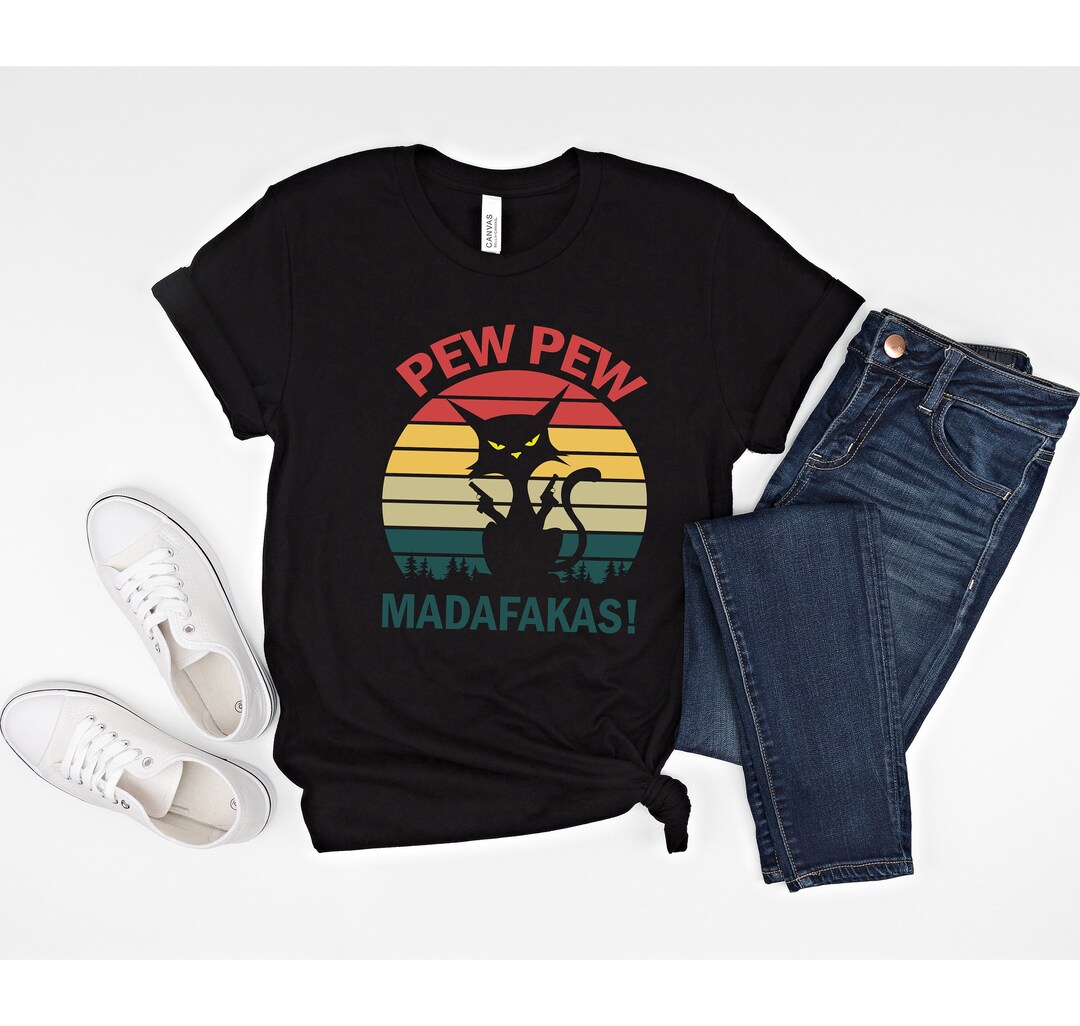 Men's "Pew Pew Madafakas" Funny T-Shirt - Black Cat Meme Design, Cotton Tee