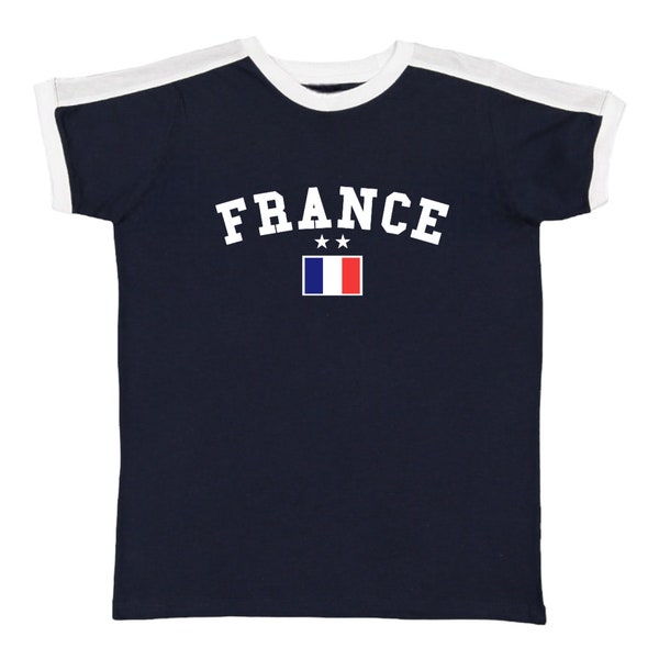 France Women's Baby Tee, France Soccer Ringer T Shirt, Navy Jersey T-Shirt with French Flag and Stars