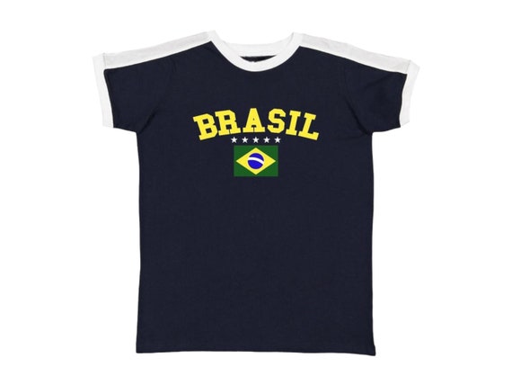 Brazil Women's Baby Tee, Brasil Soccer Ringer T Shirt, Navy Jersey T-shirt  With Brazilian Flag and Stars 