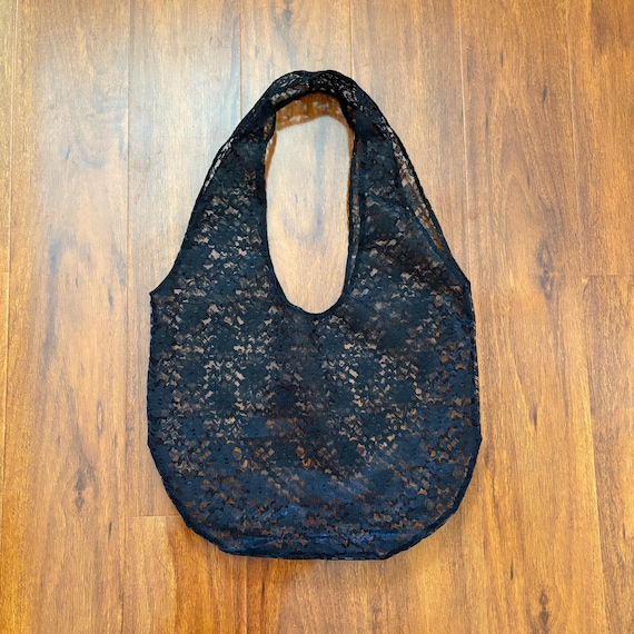 Black Lace Floral Tote Bag: Handmade Sheer Bohemian Shoulder Bag