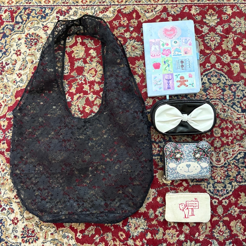 Black Lace Floral Tote Bag: Handmade Sheer Bohemian Shoulder Bag image 3