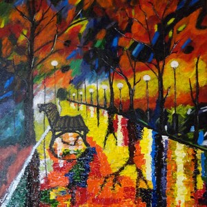 May include: Abstract painting of a dark horse standing on a path lined with streetlights. The path is reflected in a pool of water, creating a colorful, abstract design. The background is a vibrant mix of red, orange, yellow, and blue.