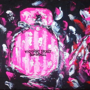 May include: Three pink and black striped perfume bottles with white lettering. The bottles are on a black background with pink and white paint splatters. The text on the bottles reads "Victoria's Secret Bombshell", "Victoria's Secret Bombshell", and "Victoria's Secret Bombshell seduction".