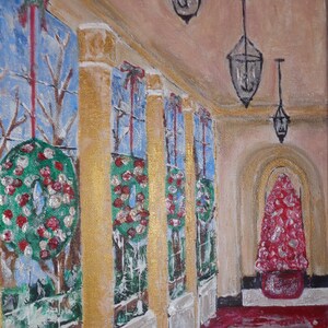 May include: An oil painting depicts a hallway with gold columns and windows adorned with red bows and wreaths. The windows look out onto a snowy scene. A red carpet leads to an arched doorway with a red floral arrangement.