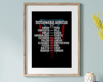 May include: A black and white printable poster with the text "DICCIONARIO BORICUA" in a bold font. The poster features a list of Spanish words and their English translations, with a Puerto Rican flag design in the background.