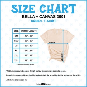 K&ouml;nnte beinhalten: Gr&ouml;&szlig;entabelle f&uuml;r Bella + Canvas 3001 Unisex-T-Shirts. Die Tabelle zeigt die Breite und L&auml;nge in Zoll f&uuml;r die Gr&ouml;&szlig;en S bis 3XL.