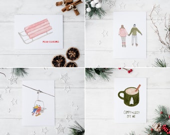 Set of Four Hand Painted Christmas Greeting Cards | Ice Skating Holiday Greeting Card | Ski & Snowboard Christmas Card | Hot Chocolate Card