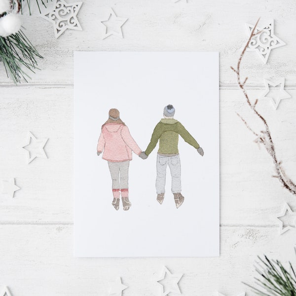 Romantic Christmas Card Ice Skating Couple | Hand Painted Watercolor Christmas Card | Cozy Winter Christmas Card