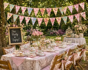 May include: A garden tea party setup featuring a long table with a lace tablecloth, floral china, tiered dessert stands, and pink roses. A chalkboard sign reads Tea Party Enjoy. Above the table hangs a string of triangular floral bunting flags.