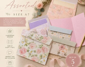 May include: A set of five A7 envelopes measuring 5.25 inches by 7.25 inches, featuring assorted floral patterns in soft pink, green, and cream tones. The envelopes include solid-colored flaps in lavender, light blue, and pink, with text.