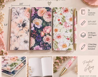 May include: A set of three floral notebooks with a matching pen. Each notebook measures 2.5 inches by 5.5 inches and contains 10 sheets, totaling 20 pages. The covers feature various floral patterns in pink, white, and dark blue tones.