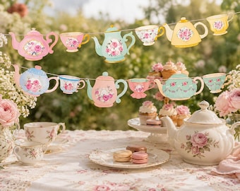 May include: A decorative garland featuring two strings of paper cutouts shaped like teapots and teacups in various pastel colors, each decorated with pink floral patterns. The cutouts are suspended horizontally, displaying a variety of teapot and teacup designs with intricate floral details and gold-toned accents.