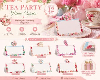 May include: A set of 12 white tent-style place cards featuring floral borders and die-cut tea-themed toppers. The cards include six distinct designs with pink, red, and blue flower accents, designed for table settings at events and gatherings.