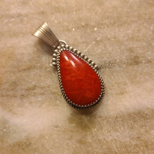 PRICE REDUCED!!  Artisan Red Coral Teardrop Pendant Set in Silver