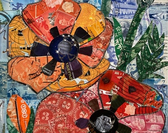 Poppy Flowers, Used Postage Stamp Collage