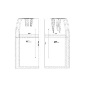May include: Two white paper sewing patterns, each showing a skirt design. The patterns are outlined with dotted lines and include text. The patterns are displayed against a white background.