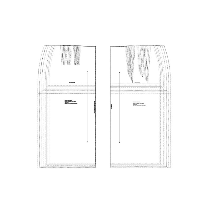 May include: Two white paper sewing patterns, each showing a skirt design. The patterns are outlined with dotted lines and include text. The patterns are displayed against a white background.