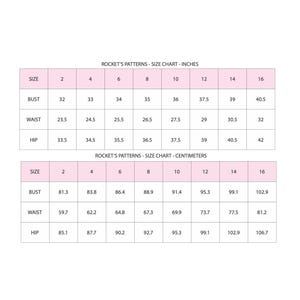 May include: A size chart from Rocket's Patterns, showing measurements in inches and centimetres. The chart includes bust, waist, and hip measurements for sizes 2 to 16. The chart is in a pink and white colour scheme.