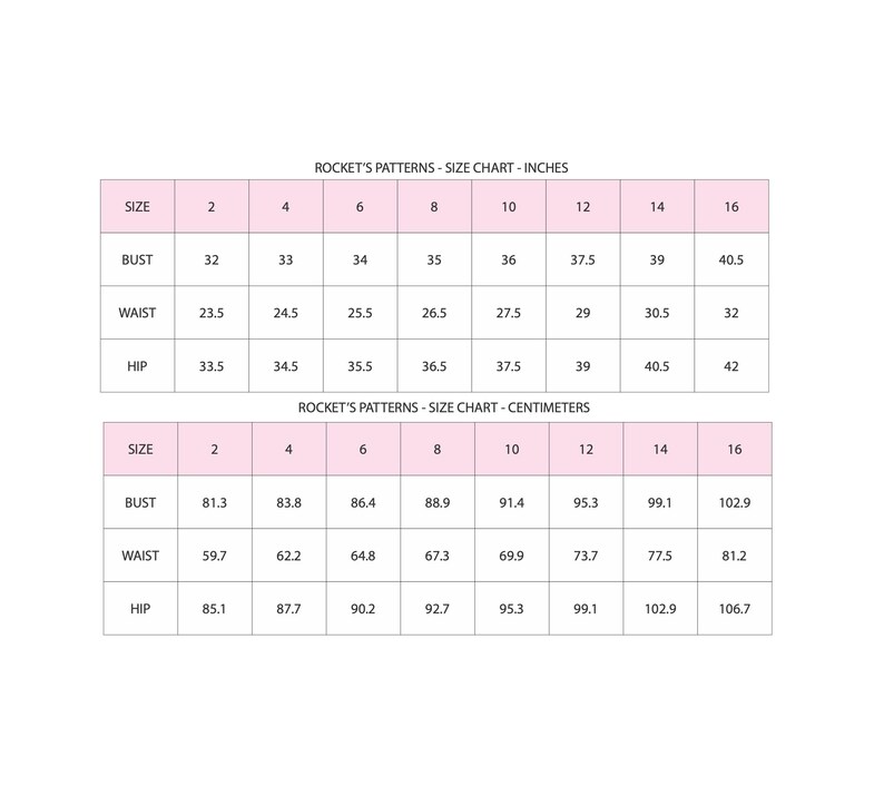 May include: A size chart from Rocket's Patterns, showing measurements in inches and centimetres. The chart includes bust, waist, and hip measurements for sizes 2 to 16. The chart is in a pink and white colour scheme.
