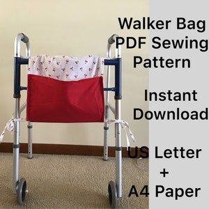 Könnte beinhalten: Ein Rollator mit einer roten Tasche und einer weißen Stofftasche mit Kirschmuster. Der Rollator hat einen blauen Rahmen und silberne Beine. Der Text auf dem Bild lautet "Walker Bag PDF Sewing Pattern Instant Download US Letter + A4 Paper."
