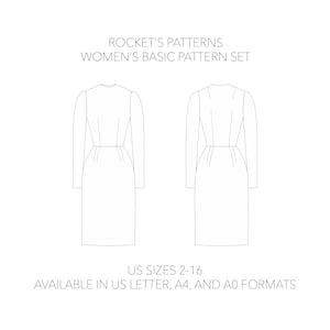 May include: Line drawing of a dress pattern set. The text "ROCKET'S PATTERNS WOMEN'S BASIC PATTERN SET" is at the top. Below are two dress illustrations. The text "US SIZES 2-16" and "AVAILABLE IN US LETTER, A4, AND A0 FORMATS" are at the bottom.