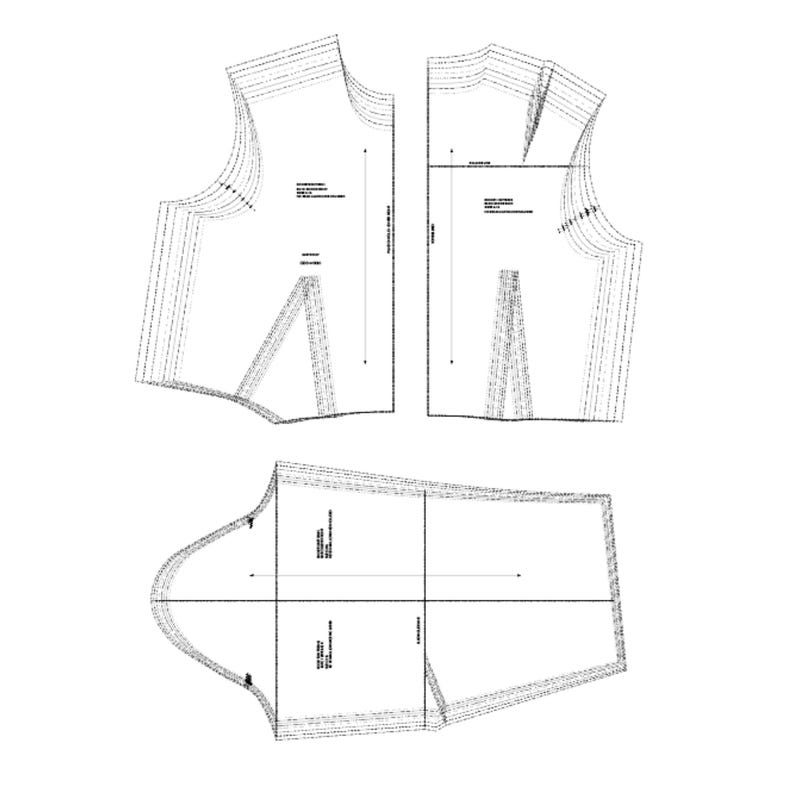 May include: A white sewing pattern with detailed outlines for a garment. The pattern includes front and back bodice pieces, along with a sleeve pattern. Dotted lines and arrows indicate stitching and cutting lines. The pattern is designed for creating clothing.