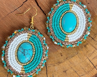 Turquoise and White Beaded Dangle Earrings