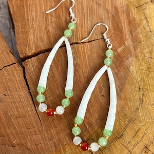 Sage Green Glass Bead and Dentalium Dangle Earrings