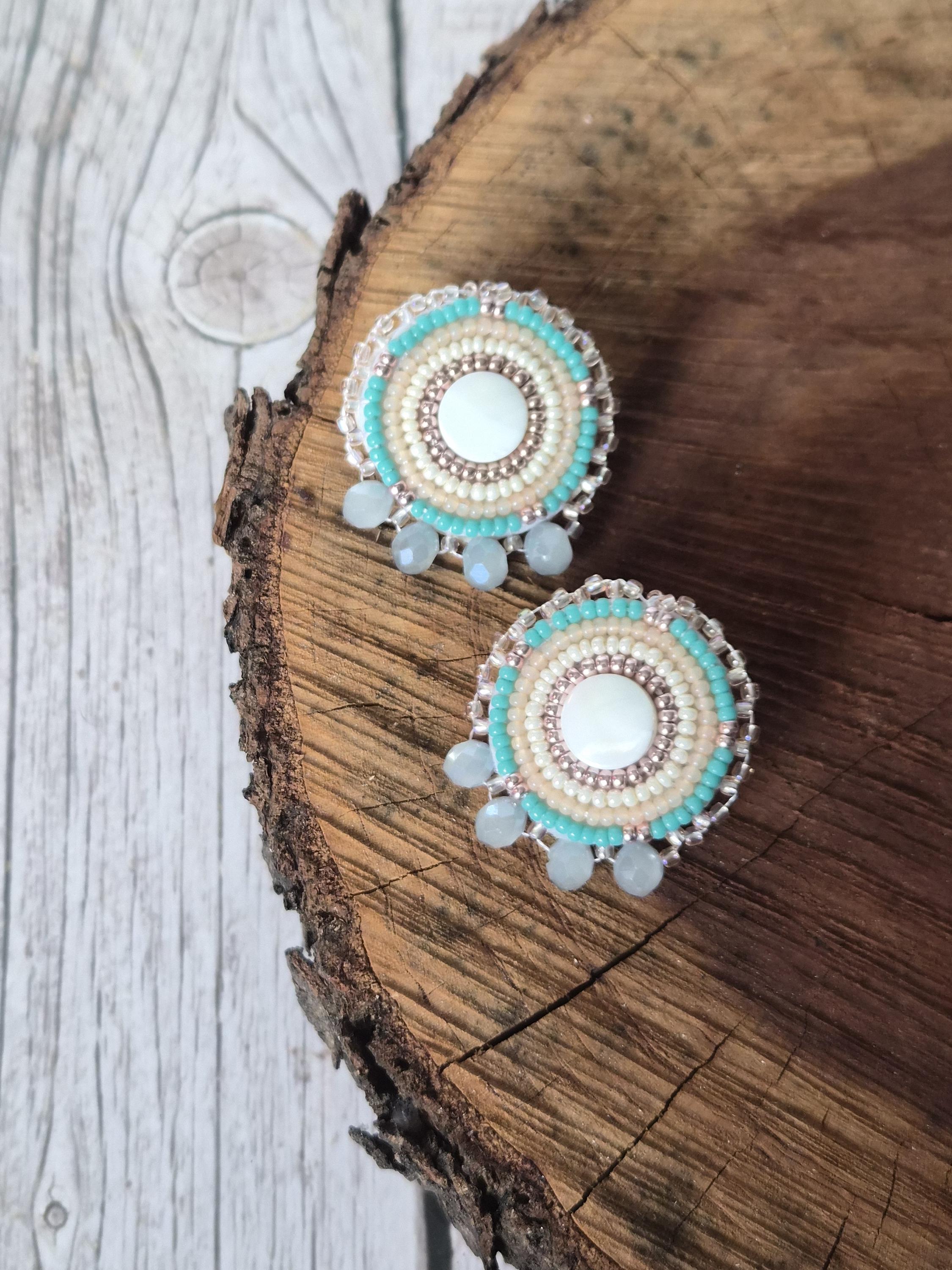 Mother of Pearl Peach Turquoise Beaded Stud Earrings