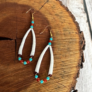 Brown and Turquoise Glass Bead and Dentalium Dangle Earrings
