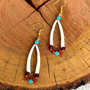 Medium Brown and Turquoise Glass Bead and Dentalium Dangle Earrings