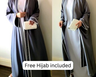 Abaya, grau mit weißer Paspel - ZAHRA | lässige Abaya | neueste Abaya | Hochzeit abaya | Abaya Geschenk | Chiffon Hijab | abaya dubai | offene Abaya