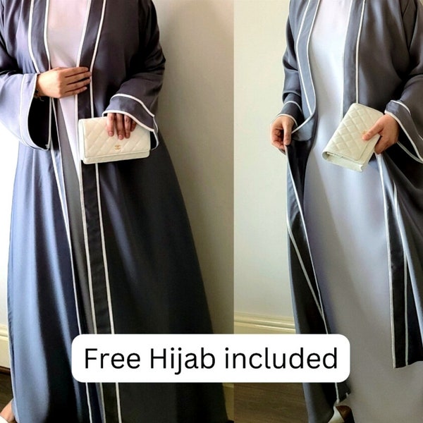 Abaya, grey with white piping - ZAHRA | casual abaya | latest abaya | abaya wedding | abaya gift | chiffon hijab | abaya dubai | open abaya