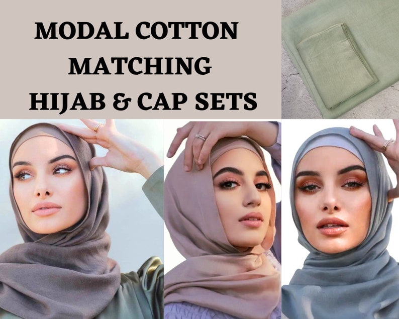 MODAL HIJAB & CAP set modal scarves and undercap jersey set shawl matching set premium dubai hijab emirati hijab gift set, jersey set image 1