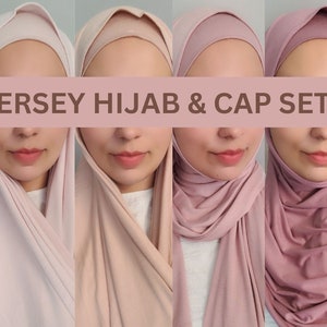 JERSEY HIJAB and CAP set, hijab undercap, luxury jersey large scarf shawl headscarf  folded sewn edges headwrap premium quality stretchy