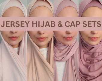 Ensemble HIJAB et CASQUETTE EN JERSEY, bonnet de hijab, grande écharpe en jersey de luxe châle foulard plié bords cousus turban de qualité supérieure extensible