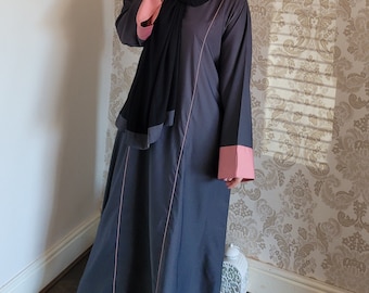 Abaya Dubai abaya grey maxi style pink piping, kimono dress kaftan maxi dress, modest wear, eid gift for her umrah abaya islamic abaya