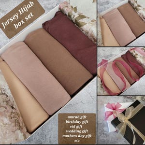 Hijab cadeauset JERSEY hijab set box cadeau voor haar, jersey hijab satijnen ondermuts sjaals set, sjaal cadeauset gepersonaliseerd umrah cadeau hadj cadeau