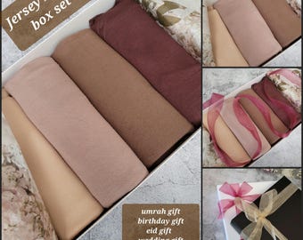 Hijab gift set JERSEY hijab set box  gift for her, jersey hijab satin undercap scarves set, scarf gift set personalised umrah gift hajj gift
