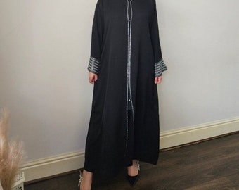 ABAYA Dubai style ouvert noir dimante travail robe modeste robe maxi cadeaux pour elle fête eid mariage cadeau eid cadeau omra