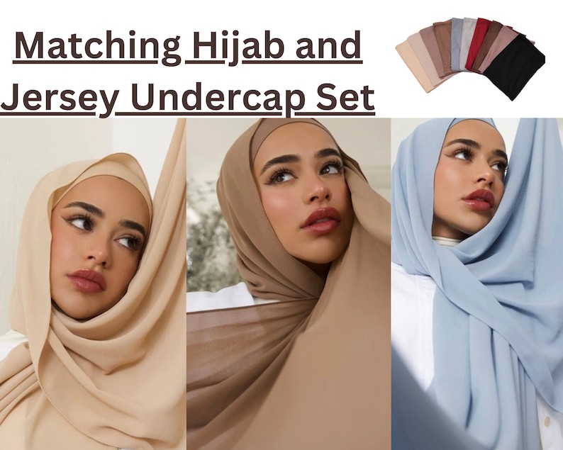 HIJAB & CAP set chiffon scarves and undercap jersey set shawl matching set premium dubai hijab emirati hijab gift set, jersey hijab image 1