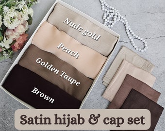 SATIN Hijab und Cap set Satin Hijab Set Premium Hijab Eid Geschenk für sie Hijab Umrah besondere Anlässe Hochzeit Hijab Unterkappe, Hijab Satin
